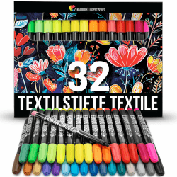 Zenacolor 32 Textilstifte Waschmaschinenfest 🎨👕 - Textilfarbe Ungiftig und Permanente Stoff Marker