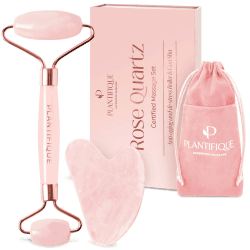 🌸🌿 Plantifique Rosenquarz Gesichtsroller und Gua Sha Stein Set - Face Roller & Guasha 🌿🌸