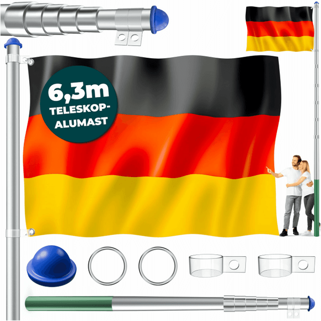 🚩 KESSER® Teleskop Fahnenmast Aluminium 6,30m Bodenhülse 60cm inkl Deutschlandfahne 🇩🇪