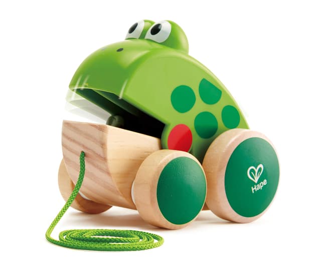 Hape Nachziehfrosch Fridolin von Hape 🐸 | Holzfrosch Fliegen fressendes Nachzieh-Spielzeug für Kleinkinder, leuchtende Farben