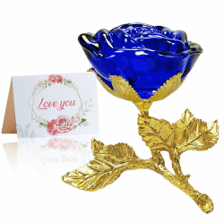 🌹 Blau Kristall Rose Figur mit Golden Stiel - 3D Glasrose Geschenk 🎁