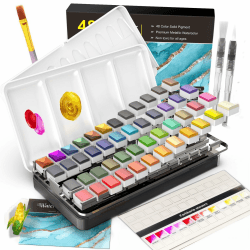 🎨 RATEL Aquarellfarben-Set | 48 feste Farbpigmente + 1 hochwertiger Pinsel + 20 Blätter + 2 Aquarellstifte