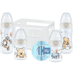 NUK First Choice+ Babyflaschen Starter Set | 0–6 Monate | 4 Flaschen mit Temperature Control & Flaschenbox | Anti-Colic Air System | BPA-frei | Disney Winnie Puuh