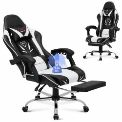 Gaming Stuhl, Computer Stuhl mit Fußstütze und Lendenwirbelstütze, höhenverstellbarer Gaming Chair mit 360°-Drehsitz und Kopfstütze, Video Gamer PC Stuhl, Ergonomische hohe Rückenlehne, Weiß