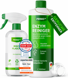 PRINOX® 1030ml Enzymreiniger Konzentrat inkl. Mischflasche I STARKER GERUCHSENTFERNER I Ergibt bis zu 40L Geruchsneutralisierer I Beseitigt Hundeurin, Katzenurin Geruch tiefgreifend uvm. I Made in DE