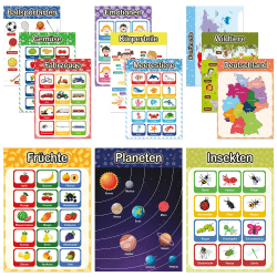 LIKARTO® 12 pädagogische Montessori Lernposter A3 - Extra dickes Papier und beidseitig laminiert - Grundlagen 2, Lernposter Grundschule, Kinder Lernhilfe