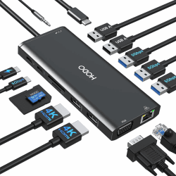 Dockingstation USB-C 2 Monitore, Laptop Docking Station Triple Display 14 in 1, USBC Hub Adapter mit 2 HDMI, VGA, Ethernet, PD, USB C Data, 5 USB, SD TF Kartensteckplatz, Audio(Schwarz)
