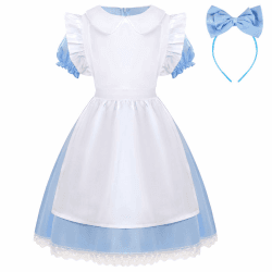 Alice im Wunderland Kostüm Blau Kleid klassisch Verkleidung mit Weißer Schürze und Haarreifen für Kinder Schleife Stirnbänder Kopfschmuck für Frauen Mädchen Buchfigur-Kostüme Weltbuchtag (130cm)