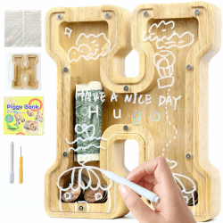Lakpopya Spardose für Kinder Jungen Mädchen - Personalisiert Durchsichtig Mit Buchstabe Holz A-Z, Zielbereich, Aufkleber & Marker - Taufe Geschenk Dekoration (H)