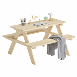 Bellabino Inny Kindersitzgarnitur für Draußen, Sitzgruppe Outdoor 2 Bänke mit Tisch, Sitzgarnitur für Kinder Natur aus Massivholz unbehandelt, Picknicktisch Kinder, Spielsitzgruppe draußen