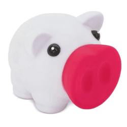 Sparschwein mit weichem Gummi-Körper in lebendigen Farben. Originelle kleine Kinder-Spardosen mit Stöpsel. Leichte und robuste Reise-Spardose. (Weiß-Fuchsia)