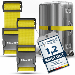 Premium Koffergurt - Besonders Auffällig & Sicher - Inkl. 2 Namensschildern - Gepäckband ideal über Kreuz - [2er Set] - Gelb