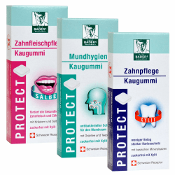 BADERs PROTECT Funktions-Kaugummi aus der Apotheke. Drei Sorten. Mundhygiene, Zahnpflege und Zahnfleischpflege. 3 x 20 Kaugummi-Quadrate im Blister.