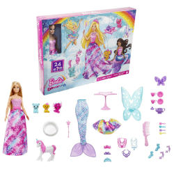 Barbie Dreamtopia Adventskalender Barbie-Puppe und 24 Geschenke einschließlich märchenhafte Moden, magische Haustiere und Zubehör, Urlaub Geschenk, HGM66
