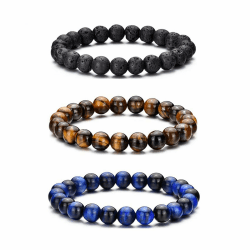 MOROTOLE Armband Herren, 8 mm Tigerauge Armband Lavastein Armband Set Naturstein Perlenarmband Herren Stretch Männer Armband Geschenke für Vater Freund Bruder