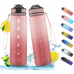 1L Trinkflasche, Sport-Wasserflasche mit Strohhalm, Zeitmarkierungen, auslaufsicher, Tritan, BPA-frei, Wasserflasche für Schule/Radfahren/Laufen (Hellrosa)