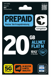 congstar Prepaid ALLNET M SIM-Karte ohne Vertrag I Allrounder Prepaid-Paket in D-Netz-Qualität I 20 GB + 10€ Startguthaben I Telefonie & SMS Flat in alle dt. Netze I EU-Roaming inkl.