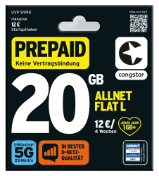 congstar Prepaid ALLNET L SIM-Karte ohne Vertrag I 20 GB Vielsurfer Prepaid-Paket in D-Netz-Qualität I 5G mit 25 Mbit/s + 12€ Startguthaben I Telefonie & SMS Flat in alle dt. Netze I EU-Roaming inkl.