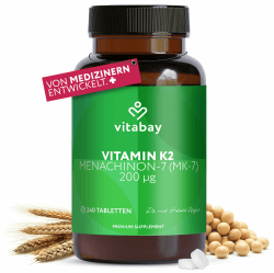 Vitabay Vitamin K2 Hochdosiert 200 µg (mcg) - 240 Vitamin K2 Tabletten Vegan & Laborgeprüft - MK-7 (Menachinon-7) aus natürlichen Zutaten in All-Trans Form - Hohe Bioverfügbarkeit