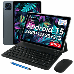 T90 Android 15 Tablet mit Tastatur - Gemini AI, 24GB RAM+128GB ROM, Octa Core T615, Gaming Tablet 11 Zoll, 1920x1200 FHD+IPS, 8000mAh Akuu, 13MP+5MP KI Kamera, 5G WiFi, Widevine L1, GPS