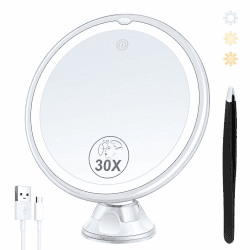 Beleuchteter Makeup-Spiegel mit 30-facher Vergrößerung, 30X Vergrößerungsspiegel Saugnapf mit Licht, 3 Farben Modi und einstellbare Helligkeit, Saugnapf Spiegel für Vanity Mirror 1500mAh