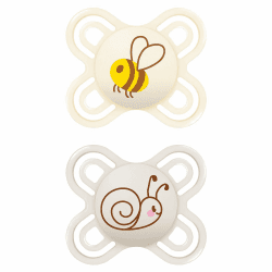 MAM Perfect Start Schnuller im 2er-Set, speziell für Neugeborene, zahnfreundlicher Baby Schnuller aus nachhaltigen & bio-erneuerbaren Materialien, mit Schnullerbox, 0-2 Monate, Biene/Schnecke