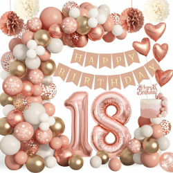 Deko 18 Geburtstag Mädchen,Rainllon Geburtstagsdeko 18 Mädchen,18. Geburtstag Deko Rosegold luftballons 18. Jahre,Happy Birthday Banner,Pompom für 18 Geburtstag Mädchen Luftballon Girlande Party Deko.