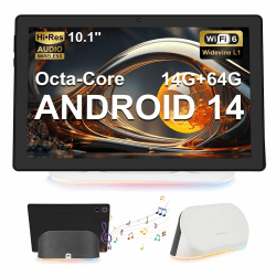 Whitedeer Tablet 10 Zoll Android 14 Octa-Core Tablet mit Ladedock Lautsprecher, 14GB RAM+64GB ROM, AI Cloud Album& 8 Typen von Weißem Rauschen, 1280x800 HD, 5MP+8MP Kamera, Wi-Fi 6&BT 5.3(Schwarz)