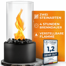 Bioethanol Tischkamin Round für Garten Terrasse Balkon Tisch Deko - Tischfeuer für Indoor & Outdoor 4h Brenndauer - Verstellbare Flamme - Bio Ethanol Kamin mit Zwei Steinarten Schwarz & Weiß