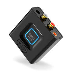 ML201 Adapter für Stereoanlage, Bluetooth 5.0 Empfänger mit 3.5mm AUX Cinch, drahtloser Audio Receiver für PC Lautsprecher mit Smartphones und Tablets, 12 Stunden Spielzeit, Bass Modus