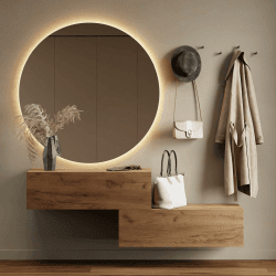 Planetmöbel Flurgarderobe 2X 100 cm inkl. Spiegel rund mit Beleuchtung 100 cm, Gold Eiche, Flur Möbel mit Spiegel, 37,8T x 100B x 32,5H cm