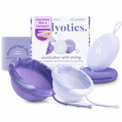 Comfydisc - Wiederverwendbare Menstruationsscheibe mit String, Comfort-Fit, 2er Pack, Größe S & L mit Tragetasche - 100% Body Safe Silicone aus Deutschland