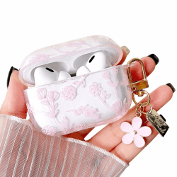 MINSCOSE Kompatibel mit AirPods Pro 2 Klar Hülle,Niedliche Blume Floral Ästhetisches Design mit Blumen Schlüsselanhänger,Weiche TPU Schutzhülle für Frauen Mädchen für AirPods Pro 2-Rosa