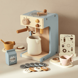 Mamimami Home Kaffeemaschine Kinder Holz Mit Mühle,Spielküche Zubehör Kaffeeservice Spielset,Spielküche Zubehör,22-Teilig, Mit Menü, Pädagogisches Holzspielzeug Rollenspiel,Geschenk für Kleinkind
