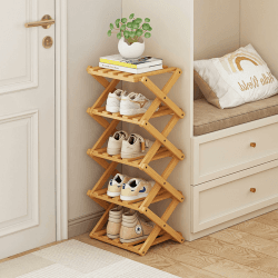 XZXWZX Schuhregal, Bambus Faltbare Schuhe Veranstalter Freistehende Regal für Eingang, Schrank, Schlafzimmer, Flur, | Natural | Funktionale | Multifunktionale Schuhregal (Holzfarbe 5 Schichten