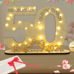 Deko 50 Geburtstag Frau Mann, Geldgeschenke Geburtstag 50 Originelle Holz Schild Gästebuch mit LED Lichterkette für Männer Frauen Goldene Hochzeit Jubiläum Tischdeko 1975-2025 25-HS50