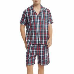 Vulcanodon Schlafanzug Herren kurz 100% Baumwolle Sommer Shorty Pyjama kariert mit Knopfleiste weiche Nachtwäsche