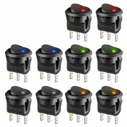 10PCS Wippschalter 12V Rund Kippschalter KFZ Schalter 12V beleuchtet, DC 12V 20A LED Auto Wippschalter KFZ Ein Aus Schalter 3 Polig mit 5 LED Farbe