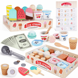Eisdiele Kinder Holz, Montessori Spielzeug ab 3 Jahre, Holzspielzeug Kaufladen Zubehör, Kinderküche Zubehör Kaufladen Kinder, EIS Spielzeug Weihnachten Kinderspielzeug ab 3 Jahren Jungen Mädchen