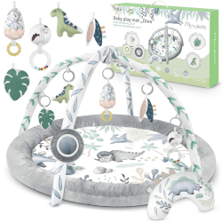 Interaktives Spielbogen Baby 5in1 Krabbeldecke für Baby Spielmatte Laufstall Baby mit Matratze Babynestchen mit Bauchzeit Kissen 2 Bogen mit 7 Sensorik Spielzeug 56 cm Grau