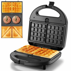 Multifunktionsgerät 3 in 1,Sandwichmaker,Sandwichtoaster, Kontaktgrill, Waffeleisen,Panini Maschine,Antihaftbeschichtete abnehmbare Platten,750 W,LED-Anzeigen, BPA frei, Schwarz