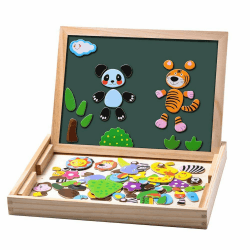 Magnetisches Holzpuzzle 100 Stück, Doppelseitige Magnettafel, Zeichenbrett Farbstifte Kreiden, Wald and Tier Puzzles Spielzeug für ab 3 Jahre