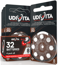 32 Batterien für Hörgeräte Udivita Größe 312 (Braun) PR41 Zink-Luft mit Sound Fusion-Technologie – 4 Blister mit 8 Batterien