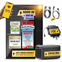 1000W Balkonkraftwerk mit Speicher - 1000 Watt komplett Steckdose & 800W Wechselrichter - Solaranlage Komplettset - 2x500W bifaziale Solarmodule & 2kWh Speicher für Balkonkraftwerk