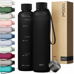 KIVY Tritan Wasserflasche 2. Generation - Auslaufsicher, Bruchsicher, Federleicht - Trinkflasche Gym Flasche - Sporttrinkflasche - Fitness Trinkflasche Schwarz - Sportflasche 1 Liter, BPA Frei