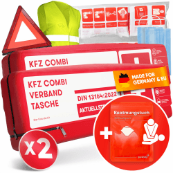 PURAHELP 2x KFZ Kombitasche nach aktueller Norm 2025 DIN 13164 (StVO konform) - Inkl. Warndreieck, Warnweste - Verbandskasten Warndreieck Set Auto Verbandskasten 2025