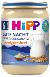 HiPP Bio Gute Nacht Dinkelgrießbrei (6 x 190g), Babymilchbrei ab 6. Monat, ohne Zuckerzusatz, gut sättigend, in bester Bio-Qualität