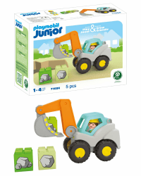 PLAYMOBIL JUNIOR | Schaufelbagger | nachhaltiges Spielzeug für Kinder ab 1 Jahr | inkl. aufklappbarem Kabinendach und Stapelsteinen | 71684