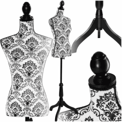 tectake® Schneiderpuppe verstellbar, Schaufensterpuppe weiblich, Damenbüste Mannequin, Büste, Kleiderpuppe, Nähpuppe, Schneiderbüste, Stehpuppe, Kleiderpuppe Damen - Blumenmuster schwarz/weiß