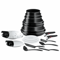 Tefal Ingenio Easy On 20-tlg. Kochgeschirr-Set, 4x Pfannen, 3x Kasserollen mit Deckel, 1x Schmorpfanne, 1x Spritzschutzdeckel, 1x Abgießdeckel, 5x Küchenhelfer, 2x abnehmbarer Griff, Schwarz, L1599402